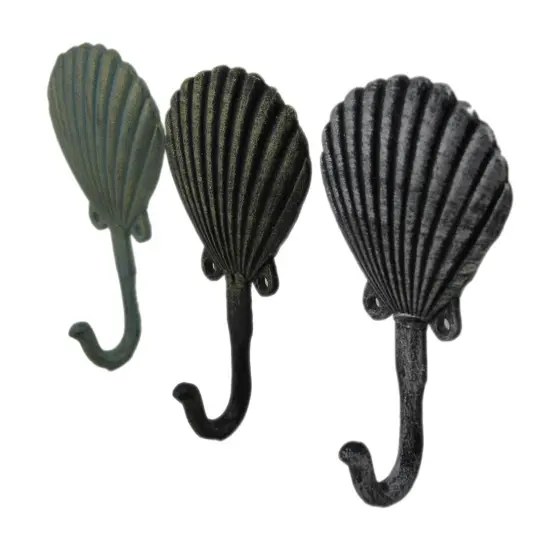 Distressed Scallop Shell 3 Piece Coastal Cast Iron Wall Hook Set {3}