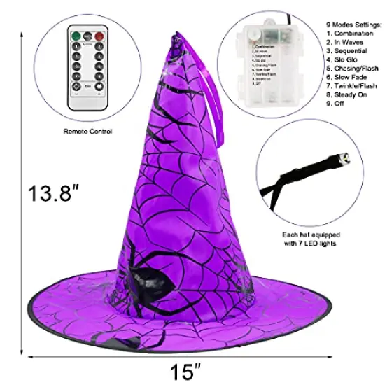 Twinkle Star Halloween Decorations 8 Pcs Lighted Hanging Witch Hats, 14ft 56 LEDs Halloween Indoor Outdoor Remote Control String Lights, Battery Powered with 8 Lighting Modes for Garden, Yard, Tree {6}