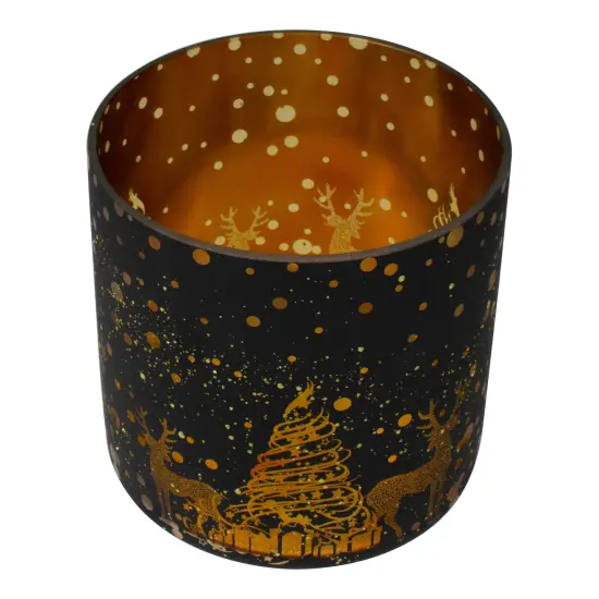 Northlight 6" Black and Gold Deer and Pine Trees Flameless Glass Candle Holder {4}