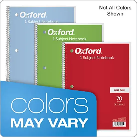 Oxford 1-Subject Notebooks, 8" x 10-1/2", Wide Rule, 70 Sheets, 3 Pack, Color Assortment May Vary (65029) {3}