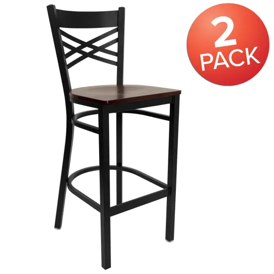 Emma and Oliver 2 Pack "X" Back Metal Restaurant Barstool BlackVYL/BlackMetal {10}