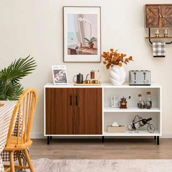 Modern Buffet Sideboard with 2 Doors and Open Compartments-Walnut {2}