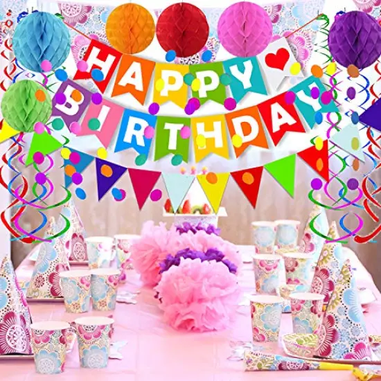 Colorful Happy Birthday Banner with Paper Triangle Flags, Bunting, Circle Confetti Dots, Hanging Garland, Honeycomb Balls, and Swirl Streamers for Birthday and Baby Shower Party Decorations {5}