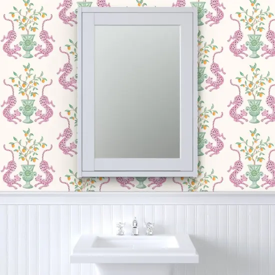 Peel & Stick Wallpaper 2FT Wide Whimsical Pink Green Orange Damask Animals Botanical Custom Removable Wallpaper by Spoonflower {6}