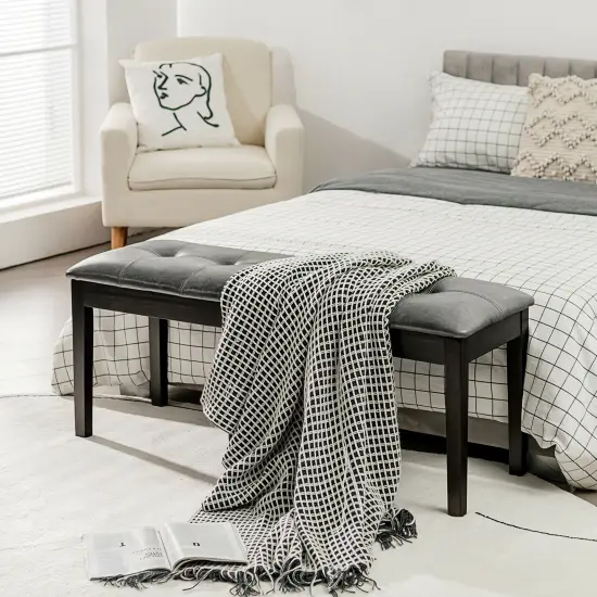 Upholstered Dining Room PU Bench Solid Wood Button Tufted Grey {2}