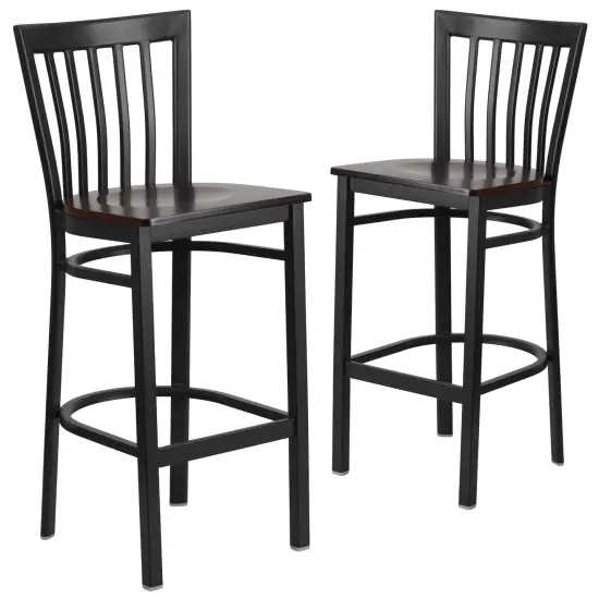 Emma and Oliver 2 Pack School House Back Metal Restaurant Barstool Walnut/BlackMetal {1}