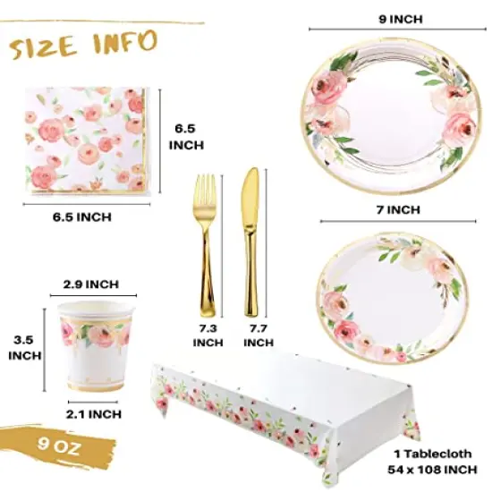 Floral Paper Plates and Napkins Party Supplies - Serves 16 - Flower Plates Floral Party Cups Knifes Forks Floral Baby Shower Decorations for Girl Pink and Gold Bridal Shower Tea Party Birthday {6}