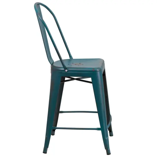 Emma and Oliver Commercial Grade 4 Pack 24" High Distressed Metal Indoor-Outdoor Counter Height Stool with Back Kelly Blue-Teal {5}