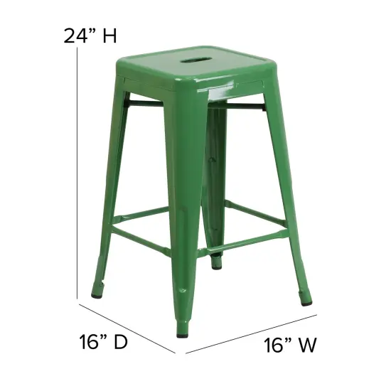 Emma and Oliver Kam Backless Metal Indoor-Outdoor Stool with All-Weather Polystyrene Seat Green/Teak {5}