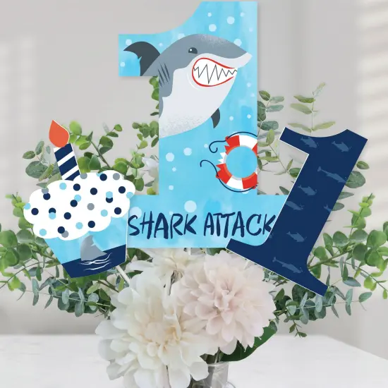 Big Dot of Happiness 1st Birthday Shark Zone - Jawsome Shark First Birthday Party Centerpiece Sticks - Table Toppers - Set of 15 {1}