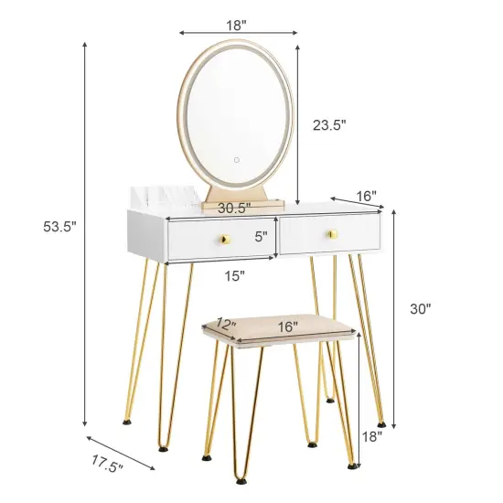 Makeup Dressing Table Included Soft Cushion Seat Stool with 3 Lighting Modes and 2 Large Drawers White {5}