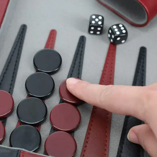WE Games Burgundy/Black Leatherette Backgammon Set, 18 x 11 in. closed {2}