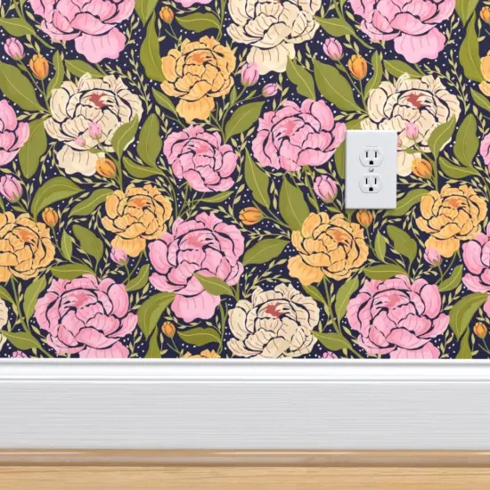 Pre-Pasted Wallpaper 2FT Wide Peony Flowers Floral Spring Garden Botanical Peonies Pink Yellow Green Cottagecore Custom Pre-pasted Wallpaper by Spoonflower {4}