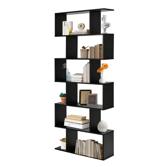 6 Tier S-Shaped Bookshelf Storage Display Bookcase Decor Z-Shelf Black {4}
