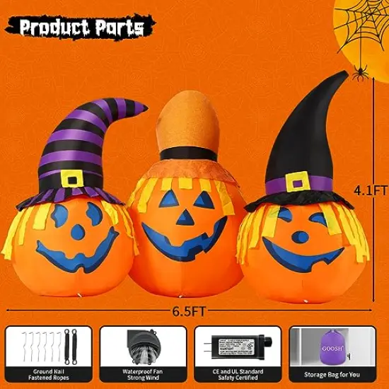 GOOSH 6.5 FT Halloween Inflatables Outdoor Pumpkin Combo with Wizard hat Blow Up Yard Decoration with LED Lights Built-in for Holiday Party Yard Garden {2}