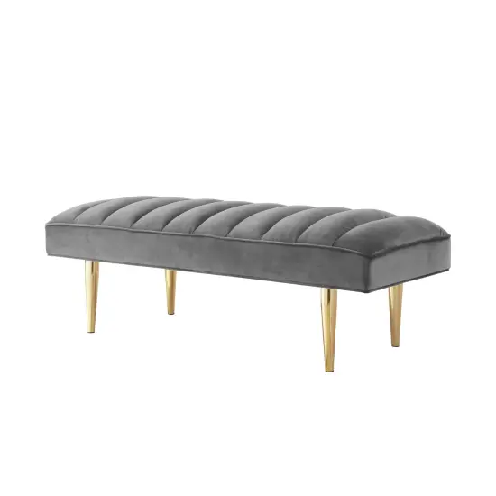 Denver Velvet Channel Tufted Bench with Mirrorred Lacquer Finish With Gold/Chrome Legs Light Grey/Gold {3}