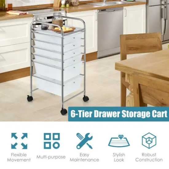 Multi-functional 6 Drawers Rolling Storage Cart Organizer with Four Movable Casters Clear {3}