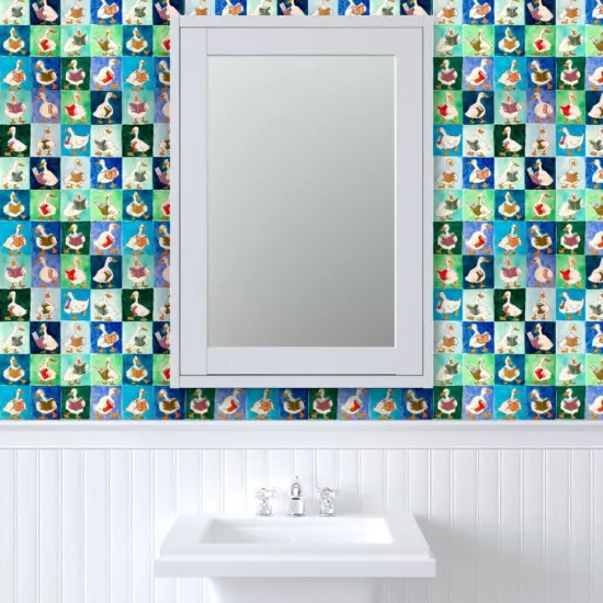 Pre-Pasted Wallpaper 2FT Wide Blue Birds Animals Whimsical Books Ducks Watercolor Book Covers Reading Group Duck Readers Library Lover Large Scale Custom Pre-pasted Wallpaper by Spoonflower {6}