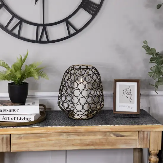 Northlight Small Geometric Cage Iron Pillar Candle Holder - 11" - Black and Gold {3}