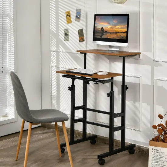 Height Adjustable Mobile Standing Desk with rolling wheels for office and home Walnut {2}