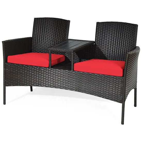 Costway Patio Rattan Conversation Set Loveseat Sofa Cushioned Coffee Table Turquois\Red {4}