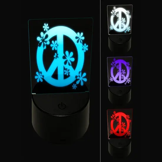 Contemporary Peace Sign With Flowers 3D Illusion LED Night Light Sign Nightstand Desk Lamp {1}