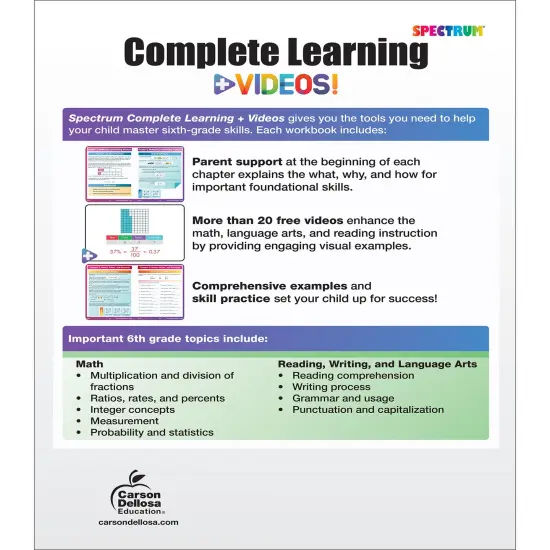 Spectrum Complete Learning + Videos 6th Grade Workbook All Subjects, Language Arts, Reading Comprehension, Writing, and Math Book for Kids Ages 11-12 With Video Tutorials {2}