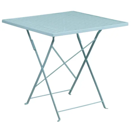 Emma and Oliver Commercial Grade 28" Square Metal Folding Patio Table Set w/ 4 Round Back Chairs Sky Blue {3}