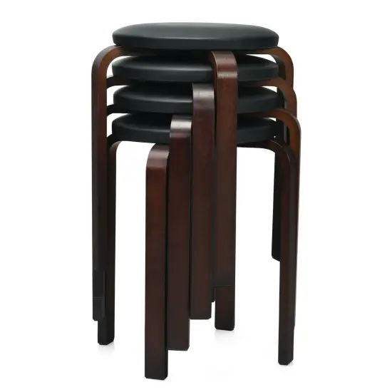 Set Of 4 Bentwood Round Stool Stackable Dining Chairs With Padded Seat Black {4}