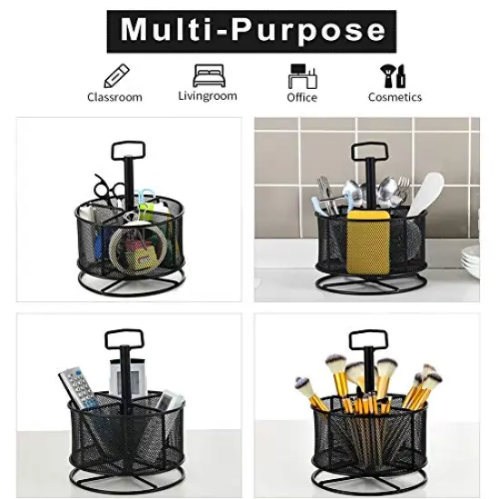 360-Degree Rotating Multi-Functional Pen Holder, 4 Compartments Desktop Stationary Organizer, Home Office Art Supply Storage Box Caddy (Black) {6}