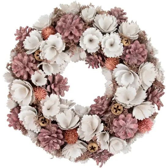 Northlight 13" White and Pink Wooden Floral Christmas Wreath with Pinecones {1}