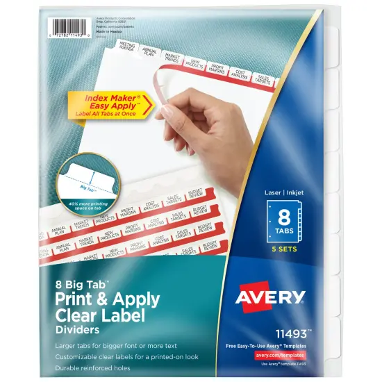 Avery 8 Big Tab Dividers for 3 Ring Binder, Easy Print & Apply Clear Label Strip, Index Maker Customizable White Tabs, 5 Sets (11493) {1}