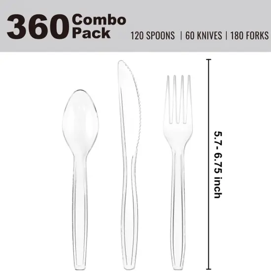 Clear Disposable Cutlery set - 360 Pieces: 180 Forks, 120 Spoons, 60 Knives {2}