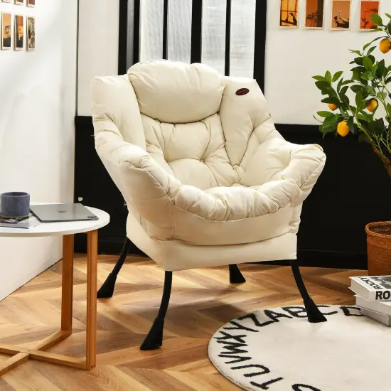 Modern Polyester Fabric Lazy Chair with Side Pocket and Tufted Design Perfect for Any Corner Beige {1}