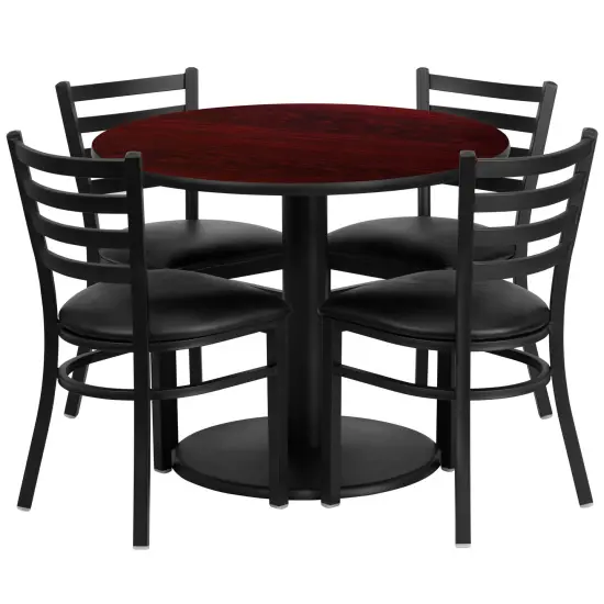 Emma and Oliver 36" Round Laminate Table Set with 4 Ladder Back Metal Chairs MahoganyTop/BlackVYL {1}
