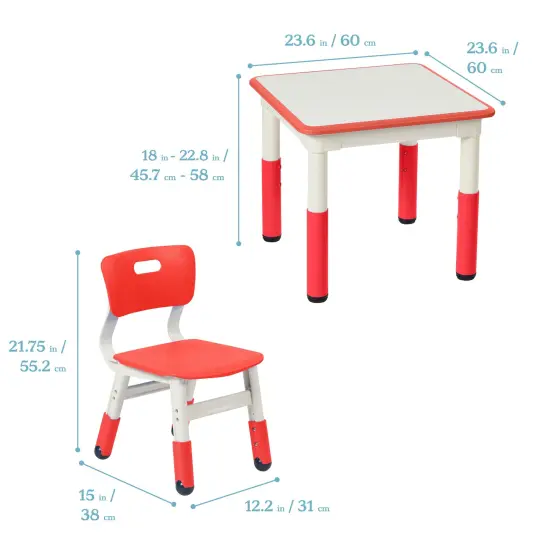Square Dry-Erase Activity Table and 2 Adjustable Height Plastic Chairs, 3-Piece Red {2}