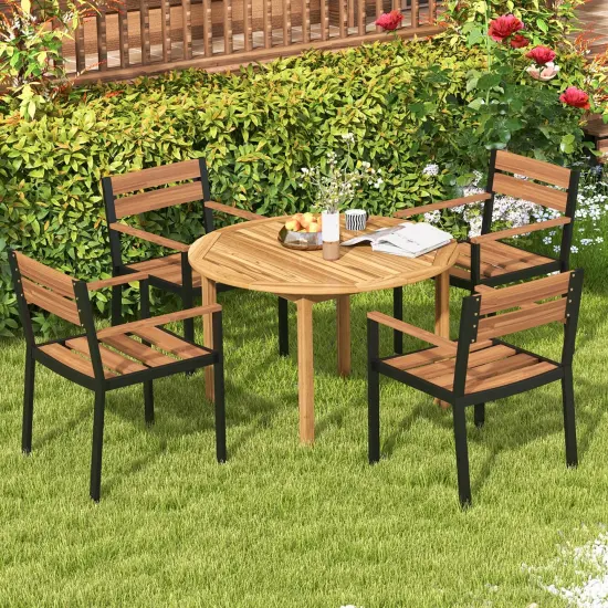 Costway Patio Dining Table Acacia Wood Round Outdoor Bistro Table 4-Person for Deck Lawn {4}
