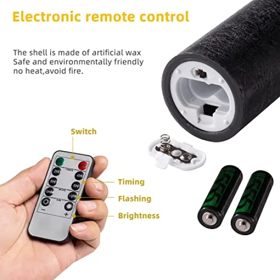 Set of 9 Black Regular Textured Flameless Candles Battery Operated LED Real Wax Flickering Electric Candles with Remote Control Timer for Wedding Birthday Halloween Christmas Decorations {3}