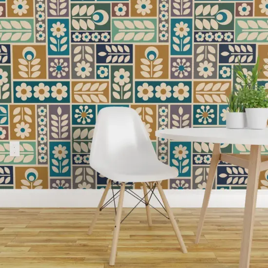 Peel & Stick Wallpaper 2FT Wide Folk Floral Scandi Botanical Geometric Multicolor Daisy Scandinavian Blue Yellow Custom Removable Wallpaper by Spoonflower {1}