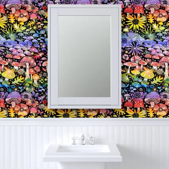 Peel & Stick Wallpaper 2FT Wide Rainbow Mushrooms Colorful Sunflower Anemone Botanical Woodland Red Blue Custom Removable Wallpaper by Spoonflower {6}