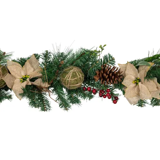 Northlight Pine with Burlap Poinsettias and Jute Ornaments Christmas Garland - 6' x 10" - Unlit Green {3}