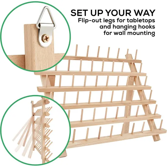 JumblCrafts Wooden Thread Rack Holder. 60-Spool Thread Organizer Rack W/ Hooks & Flip-Out Legs, 16.1&rdquo;x1.9&rdquo;x13.2&rdquo; {4}