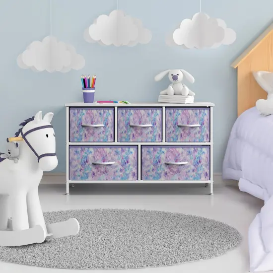 Sorbus Dresser with 5 Drawers - Storage Chest Organizer Unit with Steel Frame, Wood Top, Easy Pull Fabric Bins - Long Wide TV Stand for Bedroom Furniture, Hallway, Closet & Office Organization Tie Dye Purple {3}