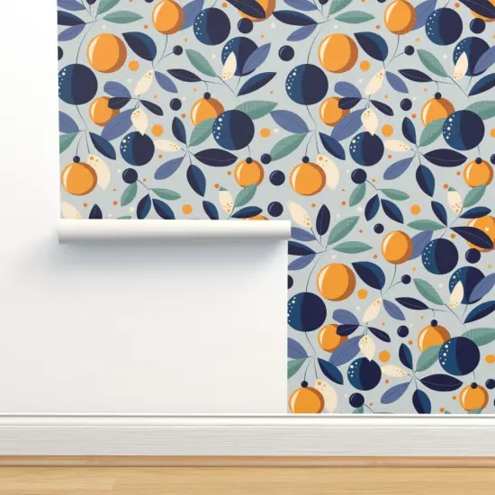 Peel & Stick Wallpaper 2FT Wide Blue Floral Oranges Citrus Garden Mid-Century Botanical Moonlight Tuscan Mediterranean Large Scale Custom Removable Wallpaper by Spoonflower {2}
