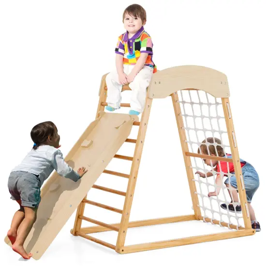 Costway 6-in-1 Wood Jungle Gym Montessori Climbing Play Set with Double-sided Ramp Colorful {7}