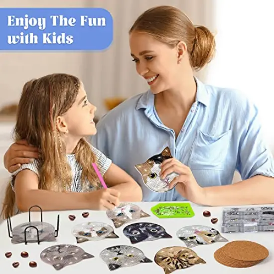 Billbotk 8 Pieces Diamond Painting Coasters Kit with Holder, Diamond Art Coasters, DIY Diamond Art Crafts Projects, Diamond Dotz Kits for Adults and Beginners(Cat Style) {2}