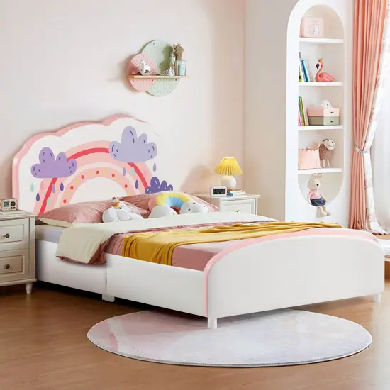 Kids Twin Size Upholstered Platform Wooden Bed with Rainbow Pattern {3}