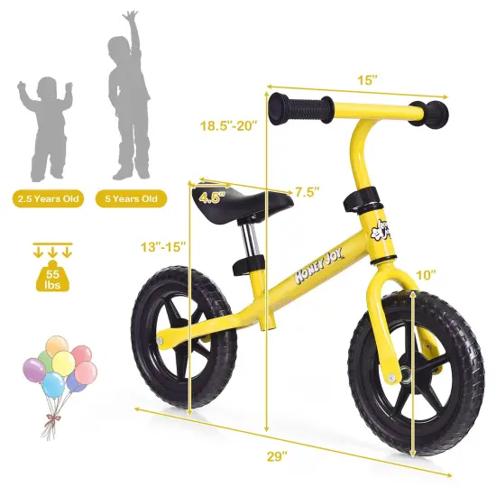 Kids No Pedal Balance Bike with Adjustable Handlebar and Seat Yellow {3}