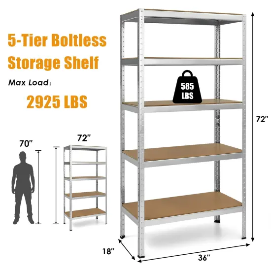 5 Tier Garage Storage Shelf Heavy Duty Steel Rack with Adjustable MDF Shelves for Home and Shop Silver {5}