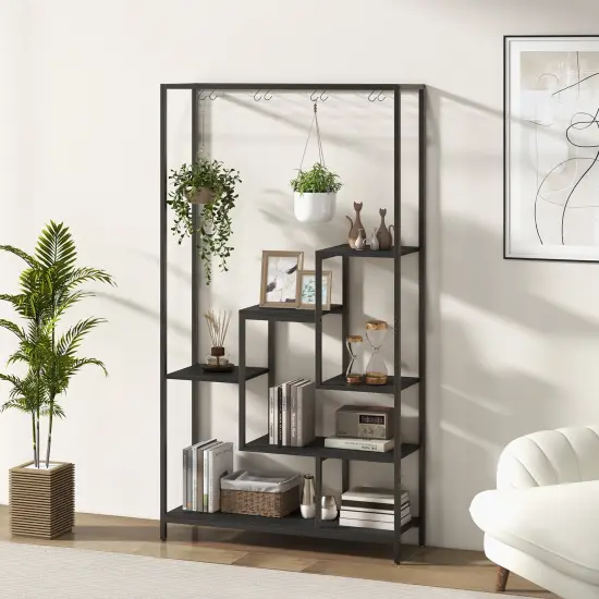 6-tier Tall Plant Stand 71" Metal Indoor Plant Shelf With 10 Hanging Hooks Black {2}